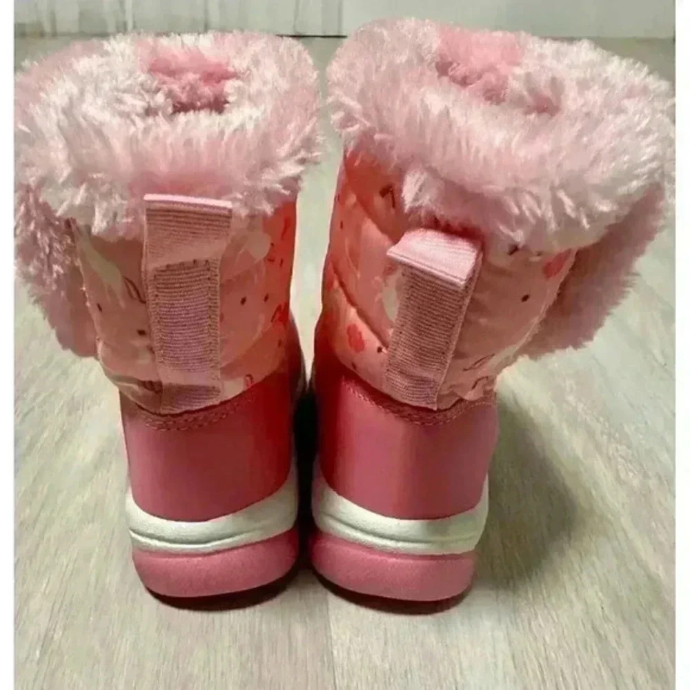Kids Pink Unicorn Snow Boots Warm Winter Fur Lined Size 23- 7 Toddler Girls